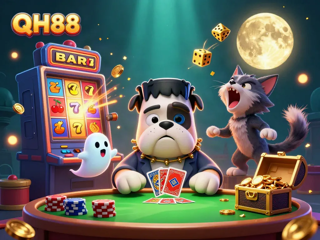 Experience thrilling casino fun with QH88 as a Frankenstein bulldog dealer in a vibrant slot scene.