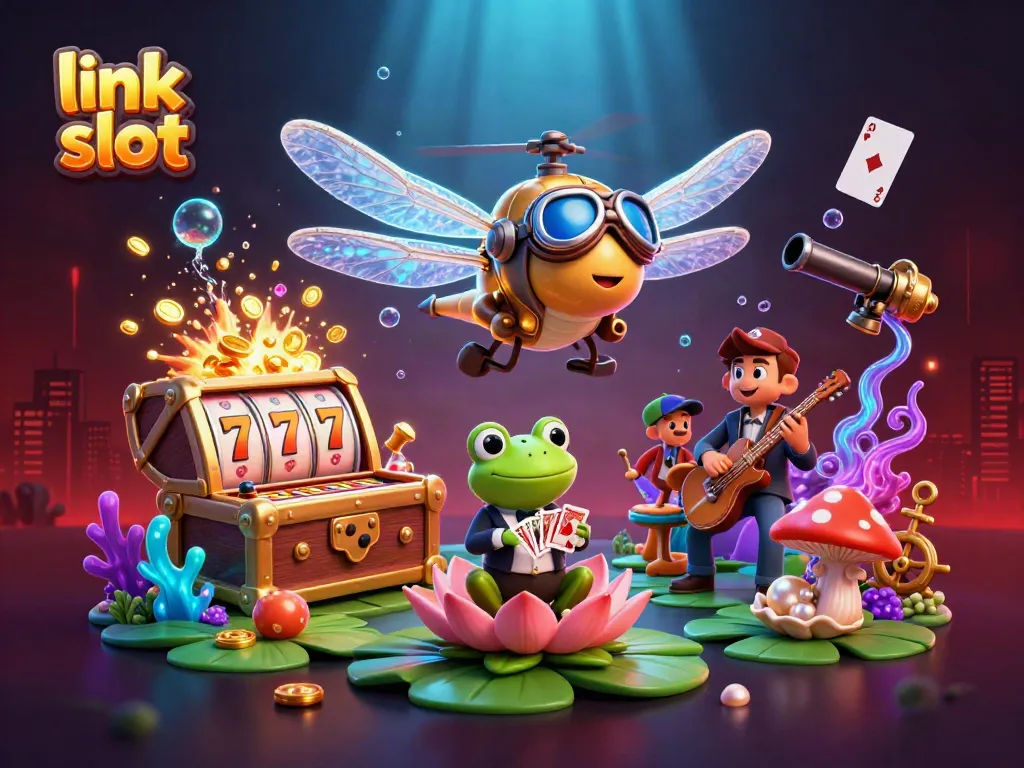 Experience the thrill of link slot as a dragonfly helicopter pilot hovers over a lively casino scene.
