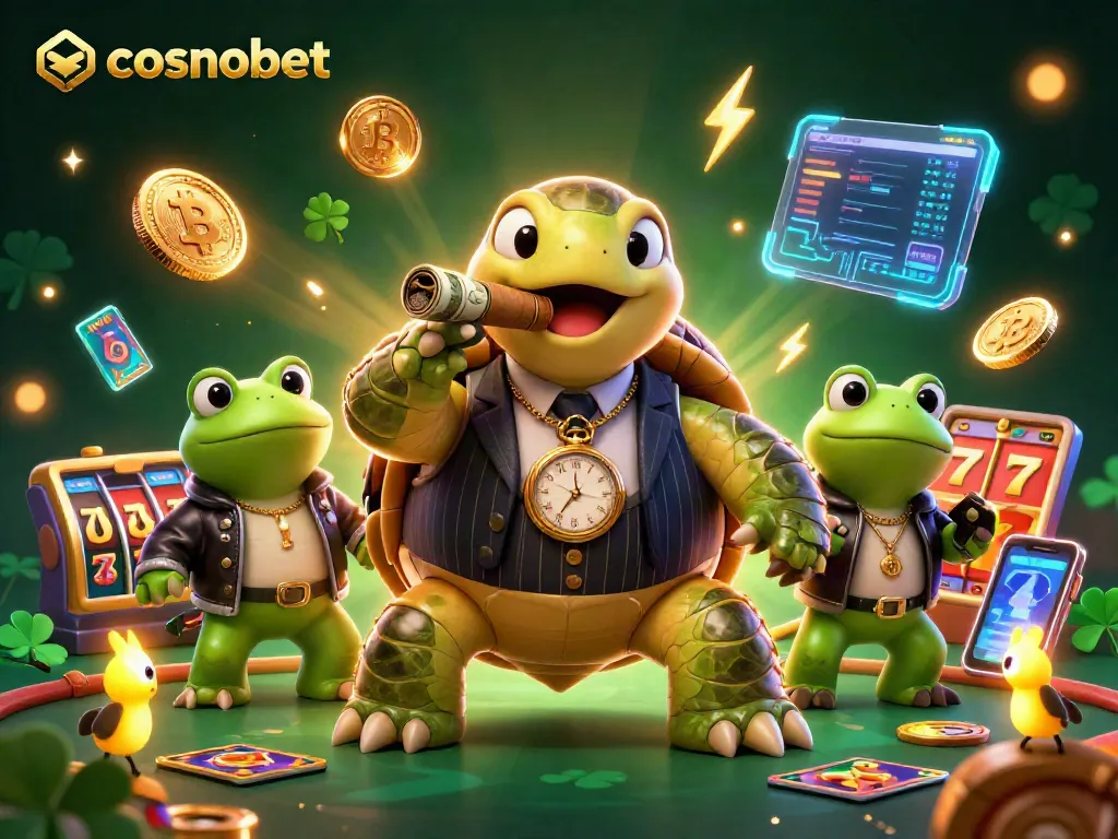Play exciting casino games at cosmobet with a vibrant, animated scene of friendly characters and crypto elements.