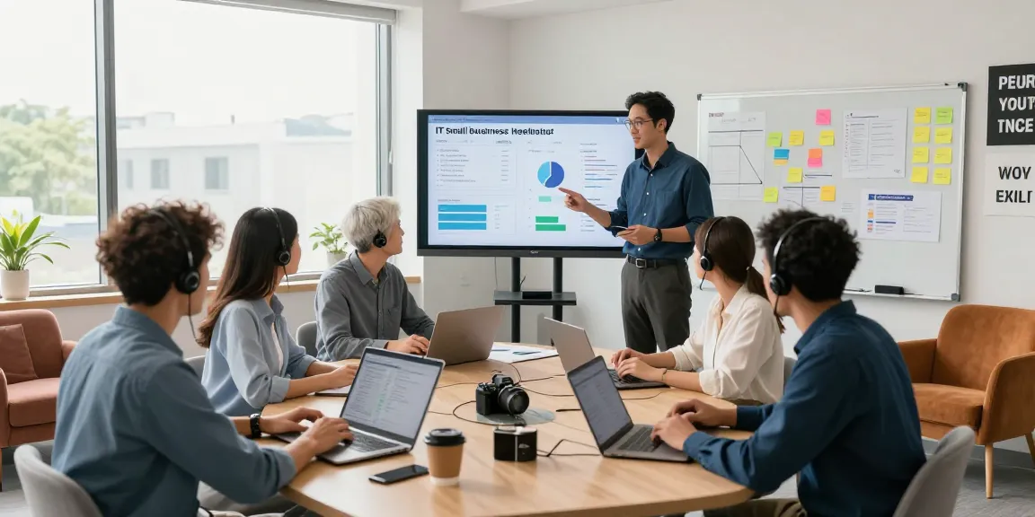 IT support services for small business team collaborating in a modern conference room setting.