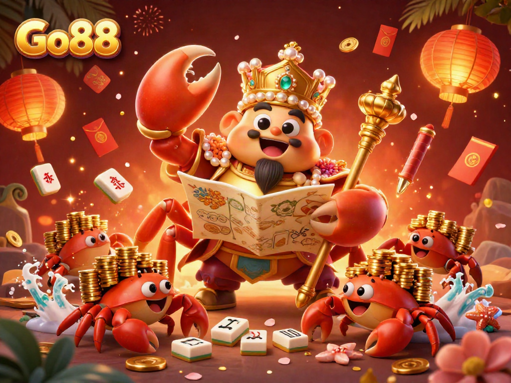 Engage in thrilling gameplay at Go88 with a massive golden crab emperor and exciting casino elements.