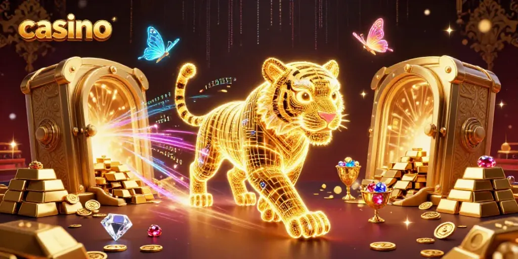 Experience thrilling moments in a neon digital casino with a golden tiger surrounded by treasures.