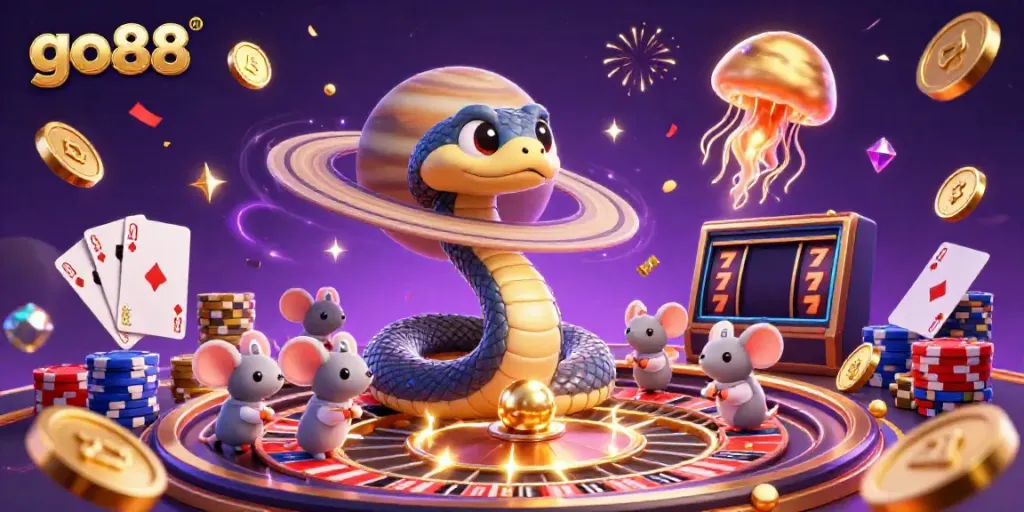 Engaging go88 cosmic casino scene with a Saturn ring snake dealer, astronaut mice betting, and golden treasures lighting up the play area.