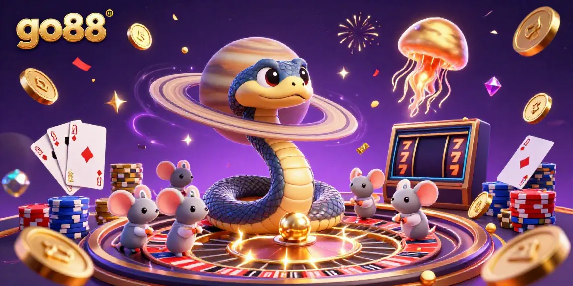 Engaging go88 cosmic casino scene with a Saturn ring snake dealer, astronaut mice betting, and golden treasures lighting up the play area.