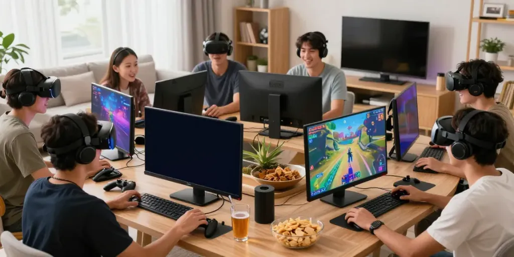 Diverse group enjoying DA88 gaming experience with exciting visuals and modern setup.