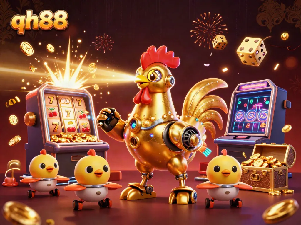 Engage with qh88’s thrilling casino games featuring a golden rooster robot and vibrant slot machine action!