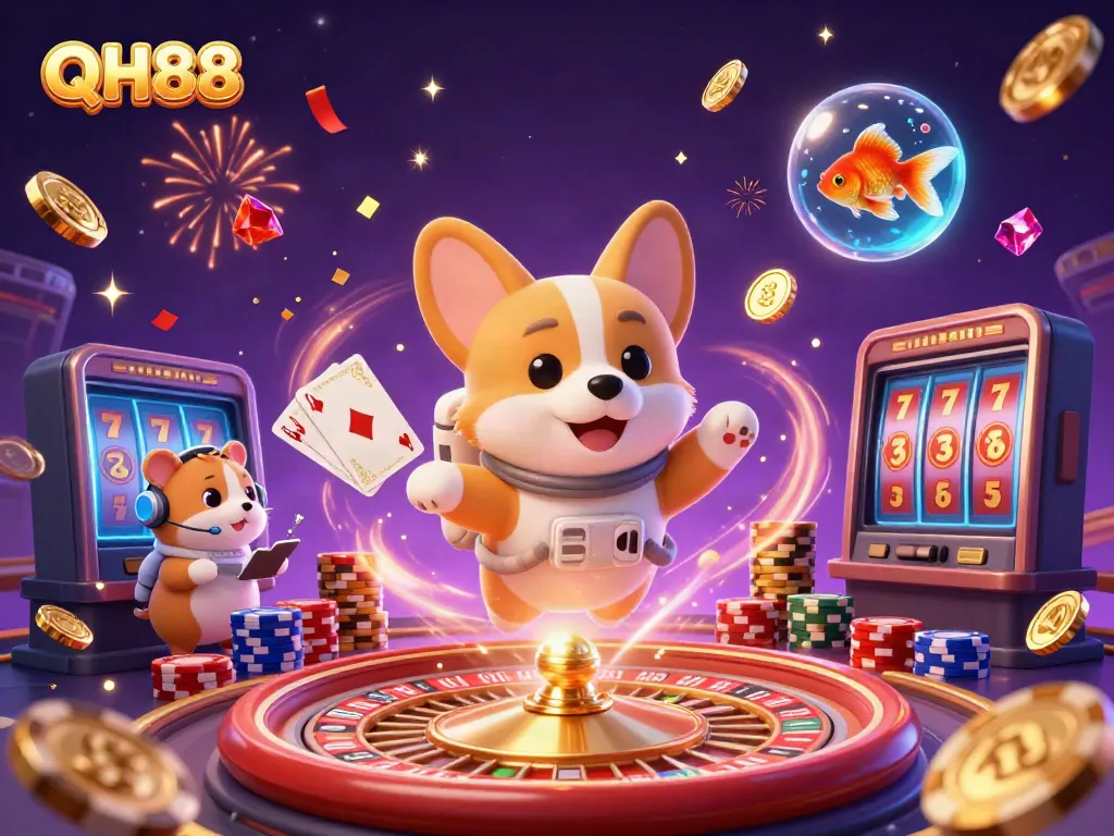 Engage with QH88's vibrant space casino, featuring a floating corgi, coins, and dynamic game elements.
