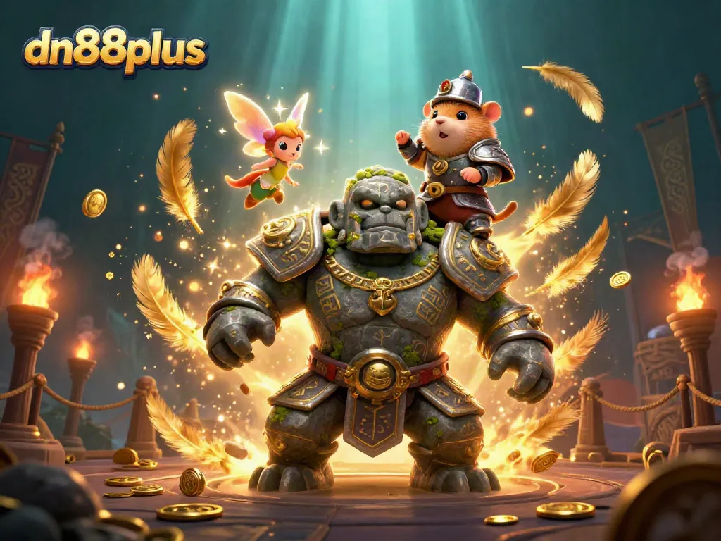 Engage with the magical world of dn88plus, highlighting a golem guardian and fantasy elements in a dynamic casino setting.