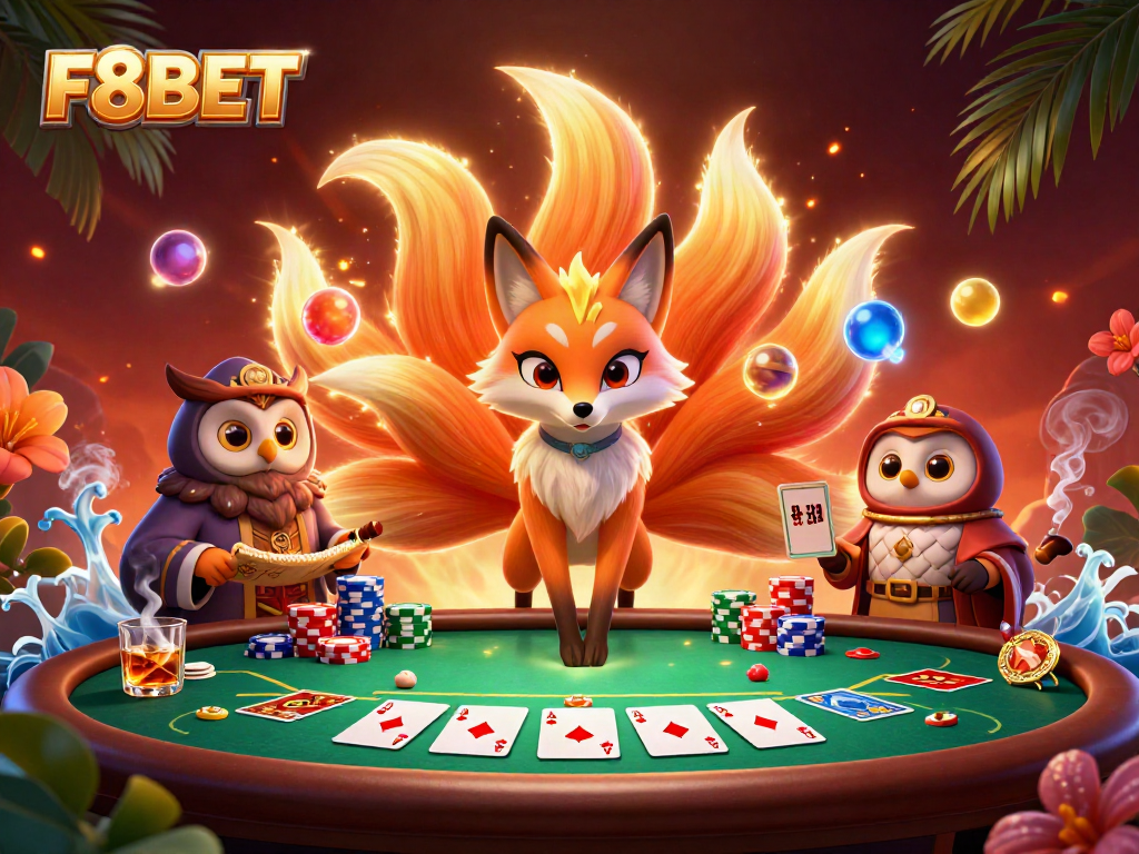 Experience the vibrant gaming world of F8BET with dazzling characters and colorful poker elements.