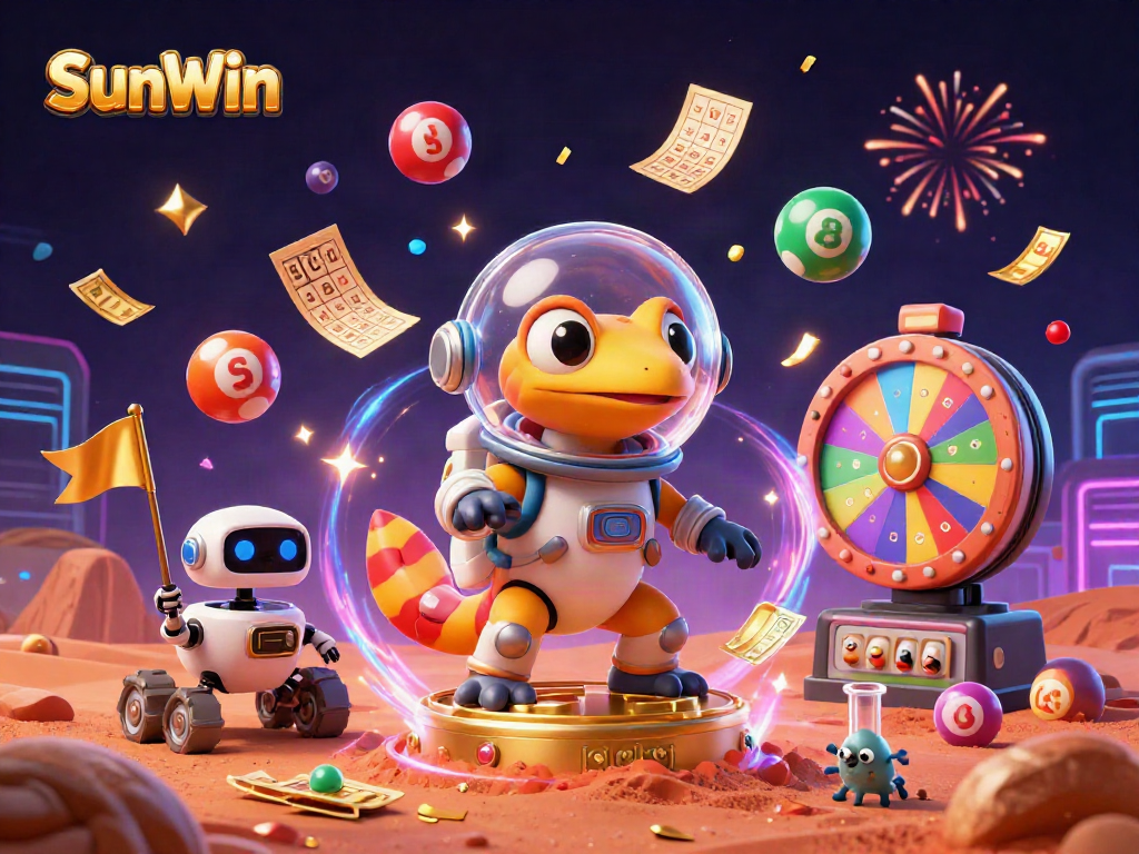 SunWin casino adventure featuring a Martian gecko, lottery balls, and vibrant gaming elements