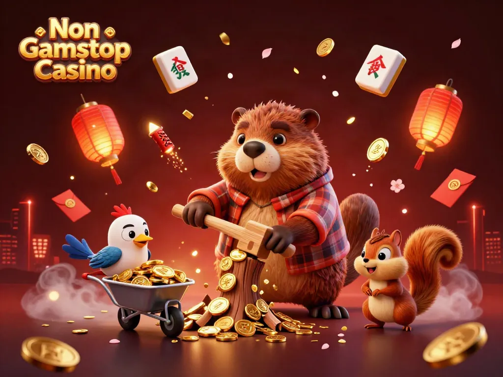 Experience the excitement of Non Gamstop Casino with a lively scene featuring a beaver and friends collecting golden coins.