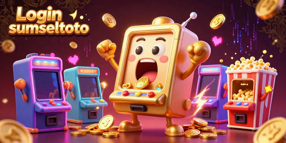 Play slots at Login sumseltoto with a cartoon slot machine hitting its jackpot, surrounded by cheering baby slot machines.