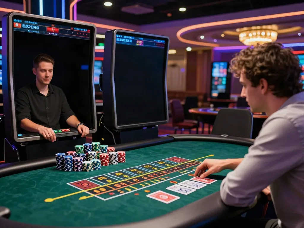 Player engaged in a live dealer game at UK casinos not on GamStop, surrounded by vibrant graphics and chips.