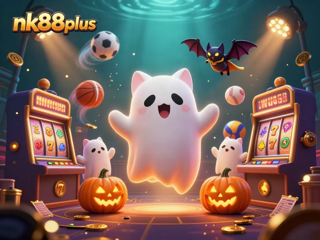 Engage with nk88plus for casino thrills featuring a friendly ghost cat and vibrant slot symbols.