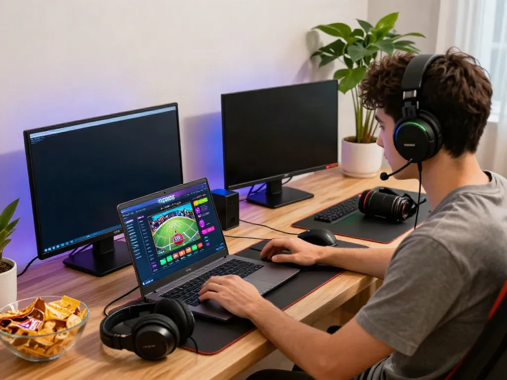 User engaging with the GEM88 platform on laptop and smartphone, showcasing an energetic online gaming setup.