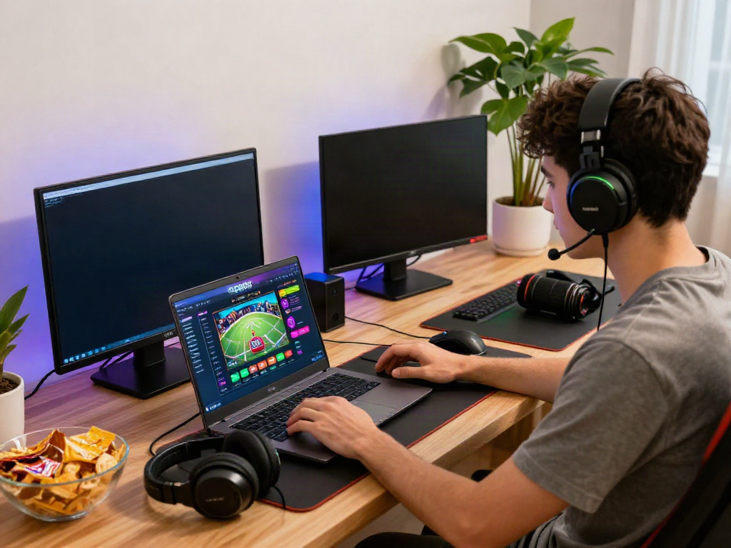 User engaging with the GEM88 platform on laptop and smartphone, showcasing an energetic online gaming setup.