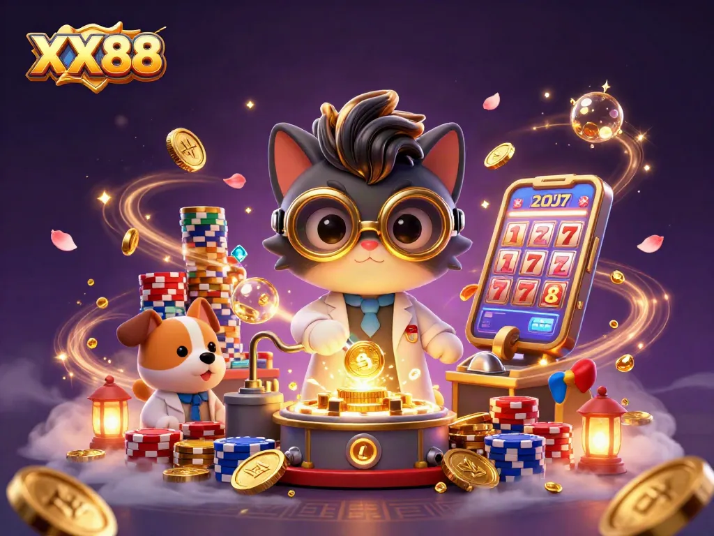 Experience the excitement of XX88 with a playful mad scientist cat and dog in a vibrant casino lab scene.