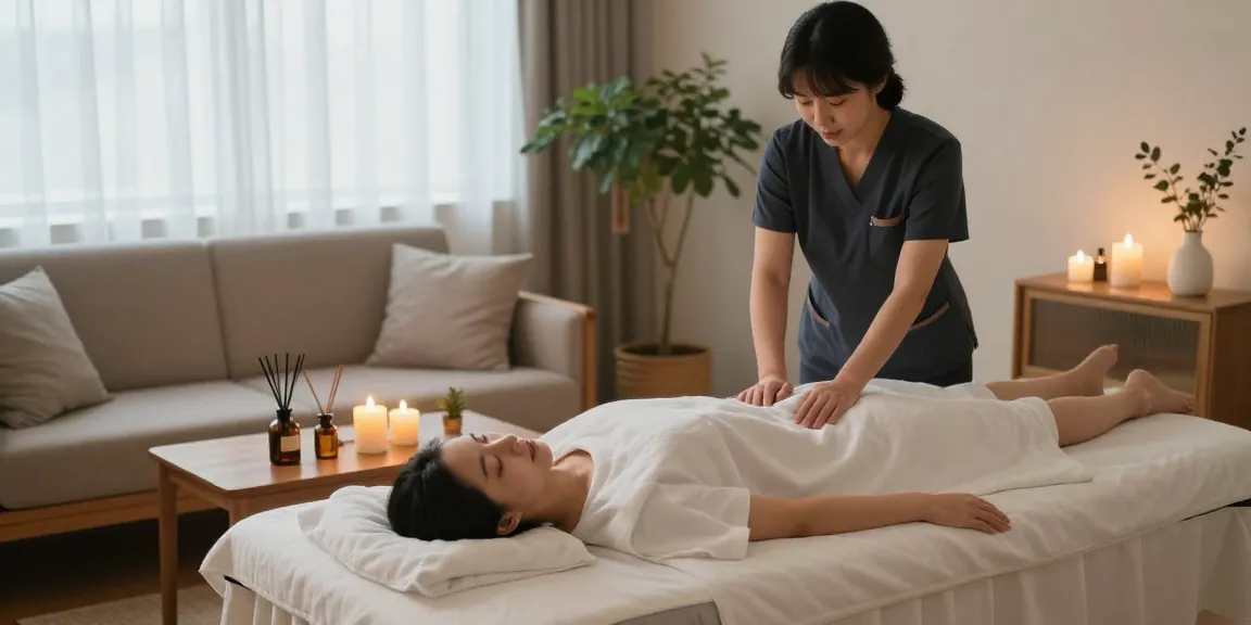 Relaxing home massage setup showcasing 구리출장안마 with therapist preparing soothing elements.