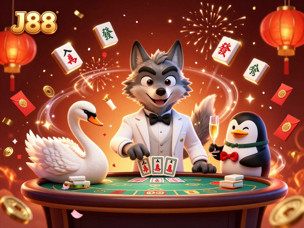Experience excitement with J88 at a baccarat table featuring a debonair wolf and elegant characters.