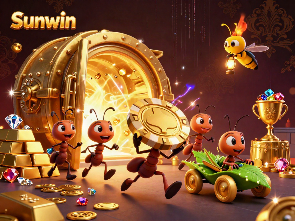 Engage with Sunwin's vibrant casino action as ants carry a massive poker chip in a heist scene.