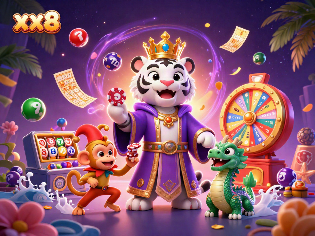 Experience thrilling moments at xx8 with vibrant casino elements, a royal tiger, and playful characters.