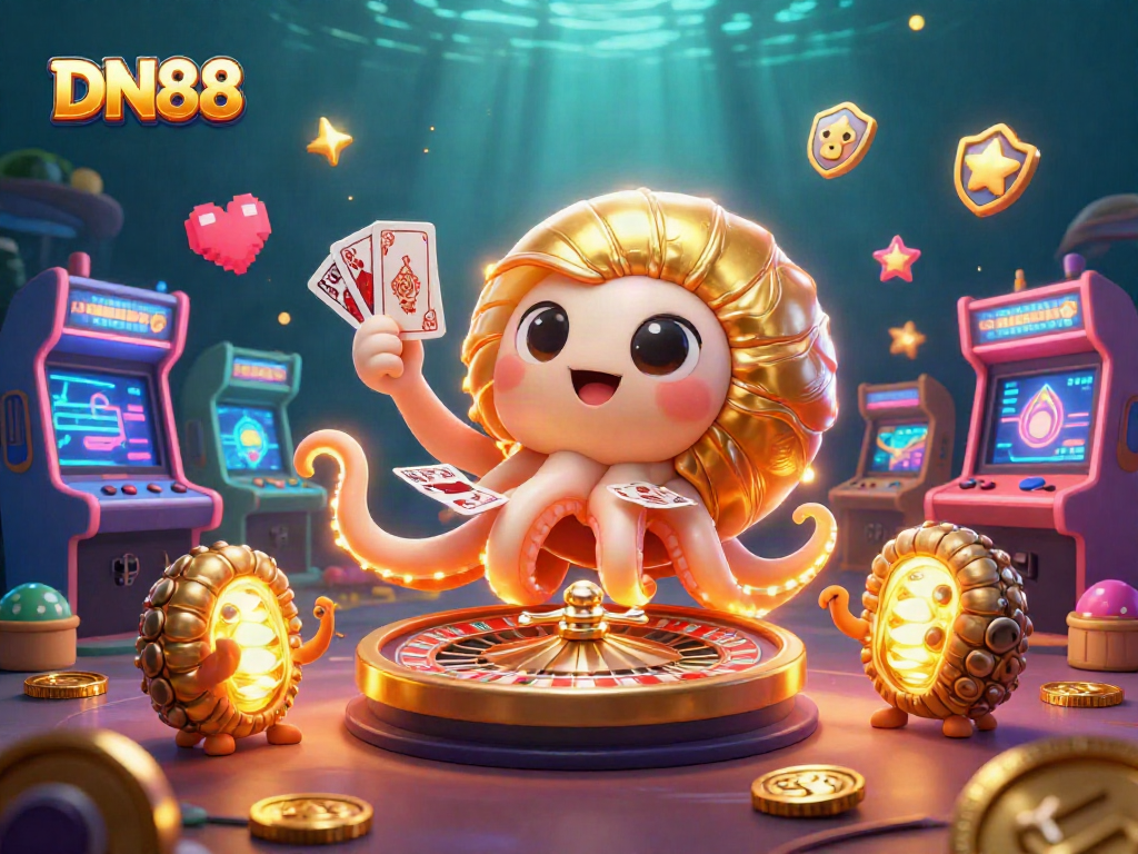 Bet on DN88 with a dynamic scene featuring a giant nautilus roulette and glowing cards.
