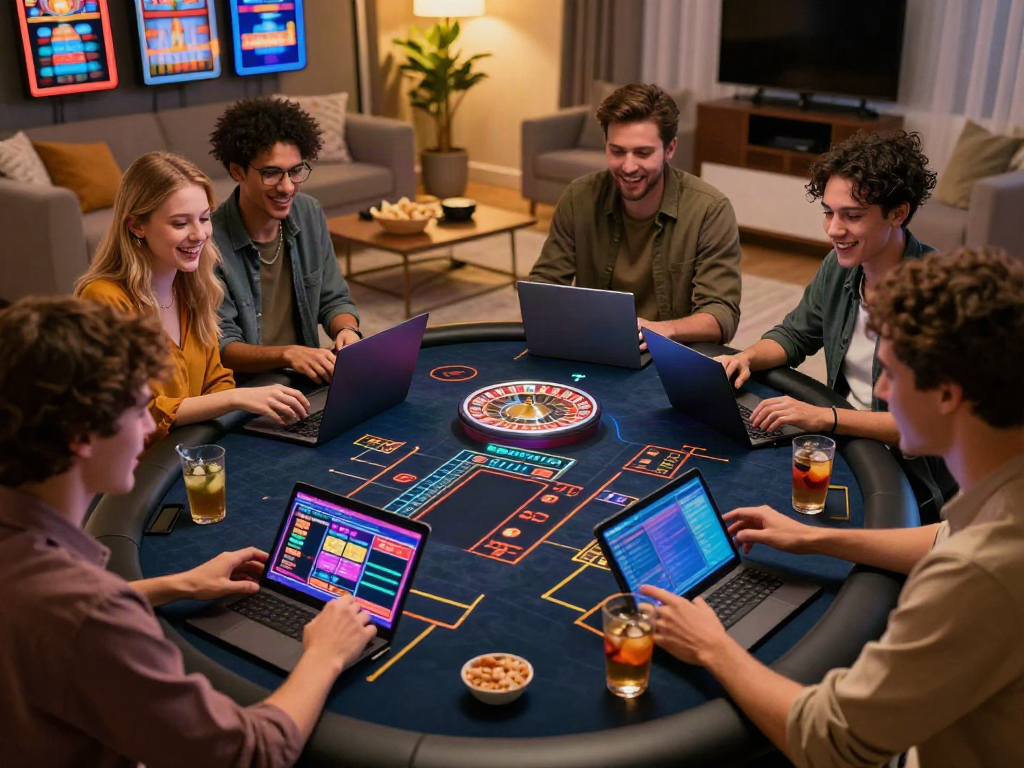 Friends enjoying online gaming at UK casinos not on GamStop in a cozy setting.