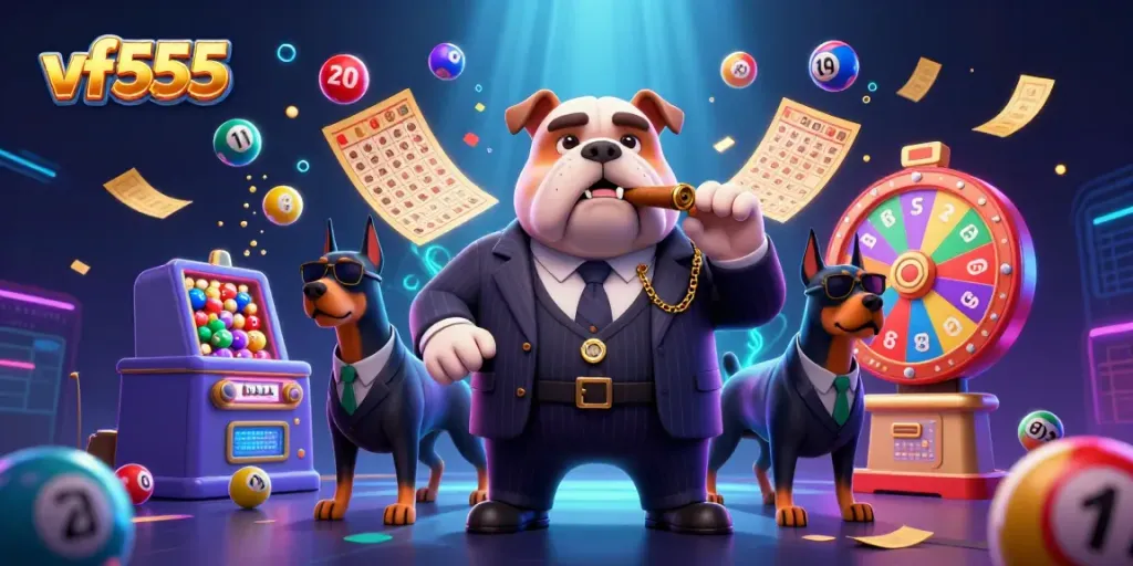Experience thrilling moments at vf555 with dynamic lottery balls and energetic characters in a vibrant casino setting.