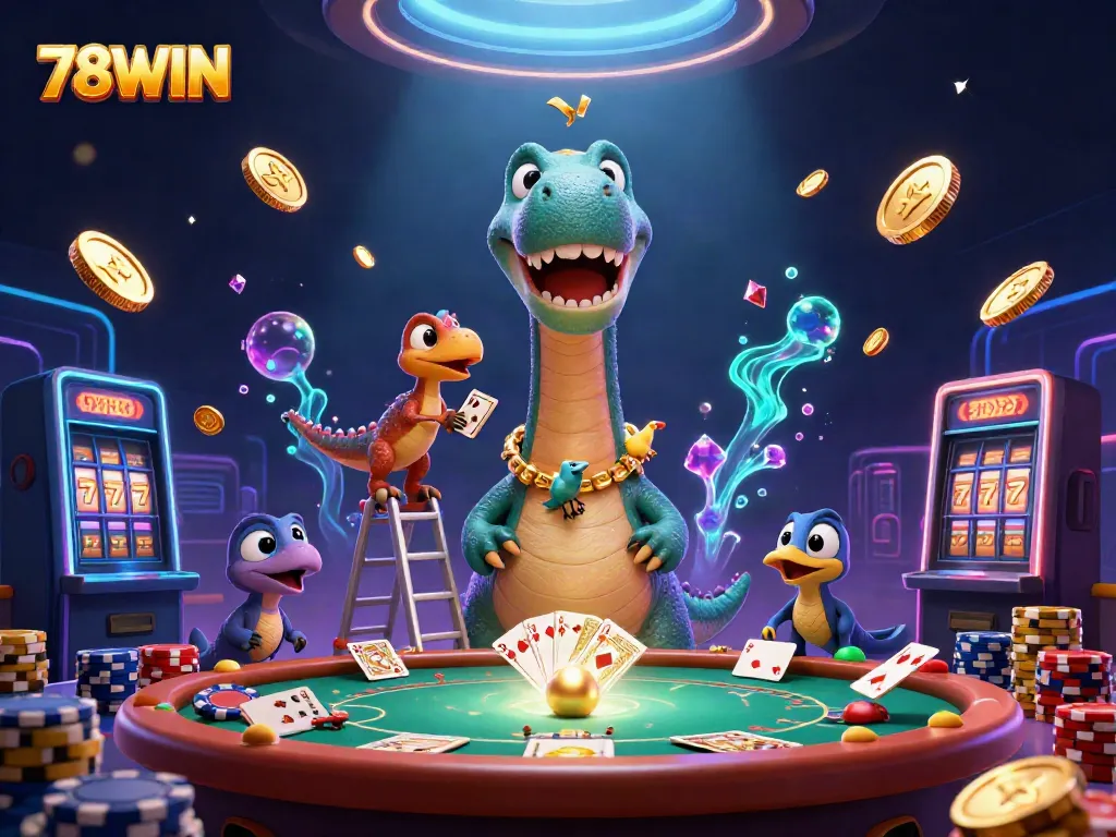 Experience the thrill of 78WIN with a playful 3D illustration featuring a giant brontosaurus in a vibrant casino.