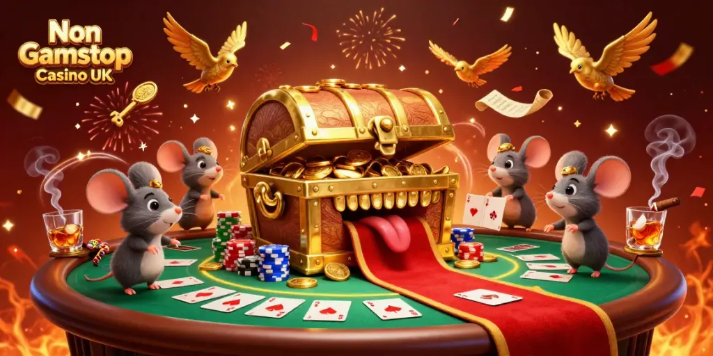 Experience vibrant gambling action at a Non Gamstop Casino UK with treasure chest and poker gameplay details.
