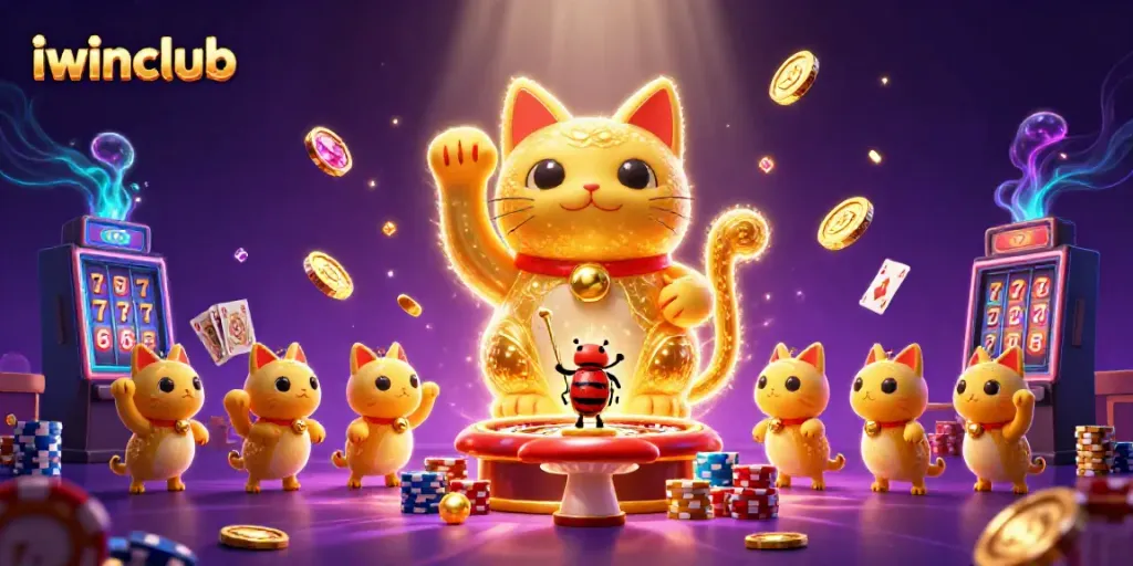 Experience the excitement of iwinclub with a dynamic lucky cat and casino elements in a vibrant scene.