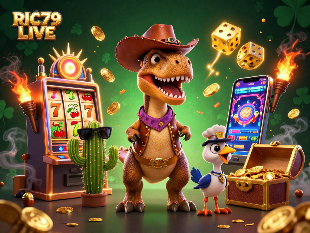 Experience the excitement of RIC79 LIVE with dynamic slot machines, a T-Rex, and colorful game elements.