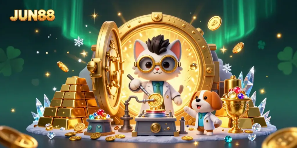 Experience the excitement of JUN88 gaming with a vibrant illustration of a mad scientist cat and dog amidst a treasure-filled lab.