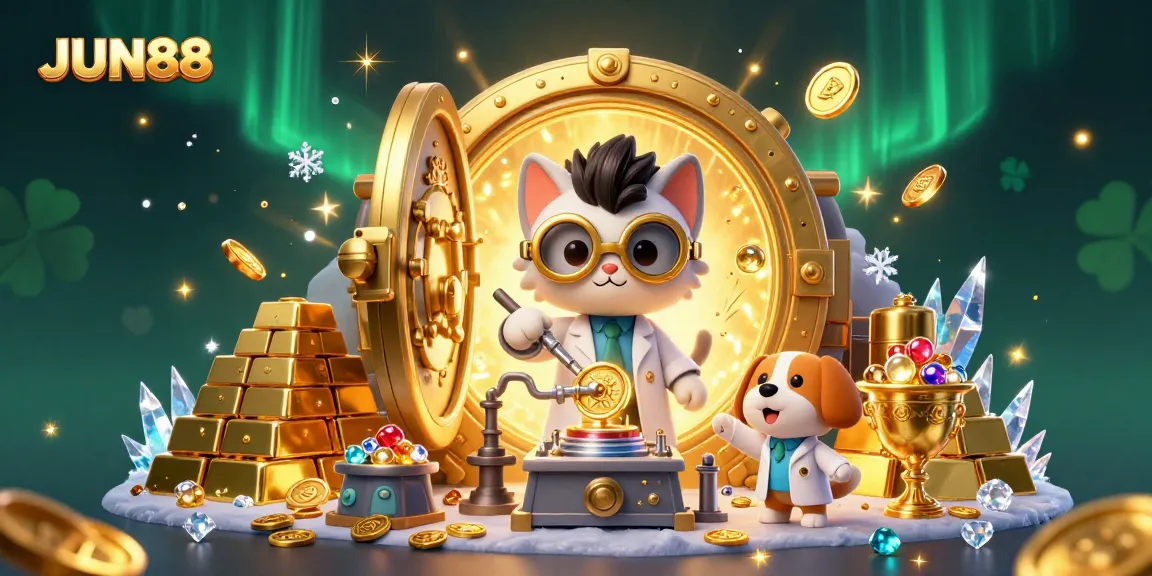 Experience the excitement of JUN88 gaming with a vibrant illustration of a mad scientist cat and dog amidst a treasure-filled lab.