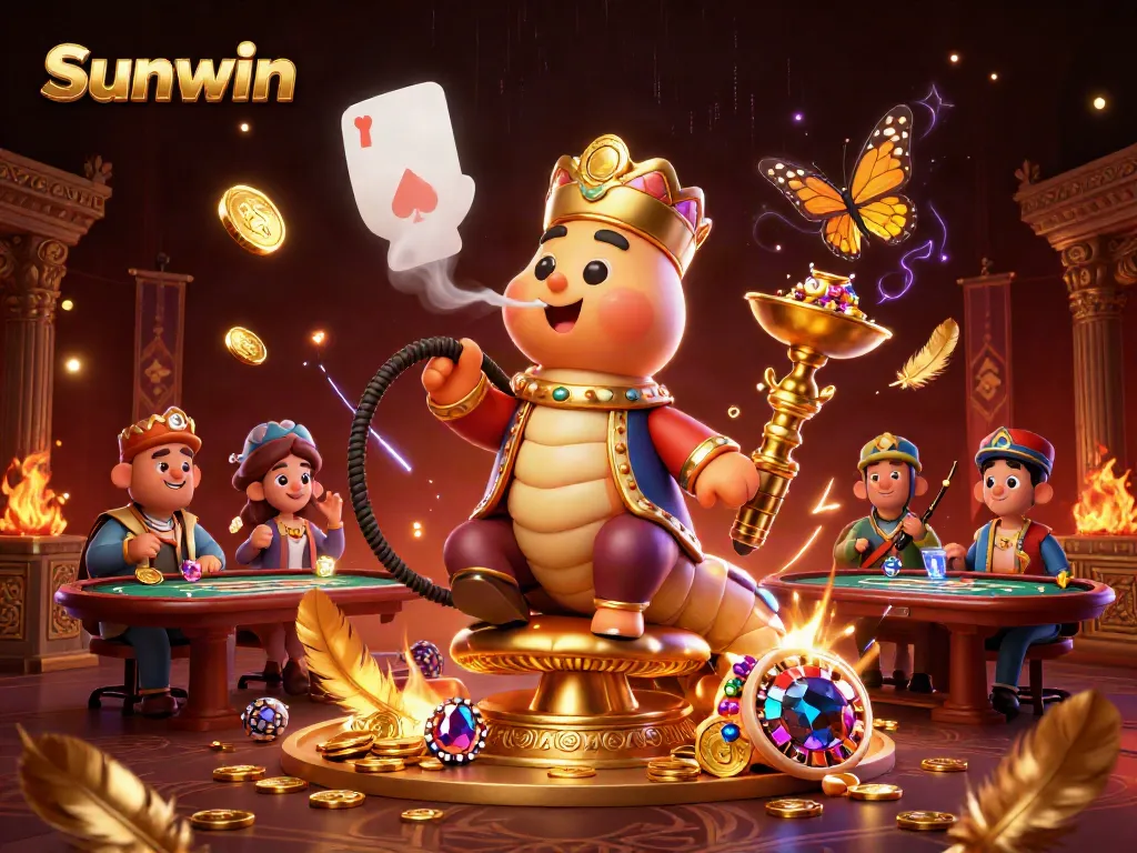 Experience the excitement of Sunwin with an illustrated casino scene featuring vibrant games and rich colors.