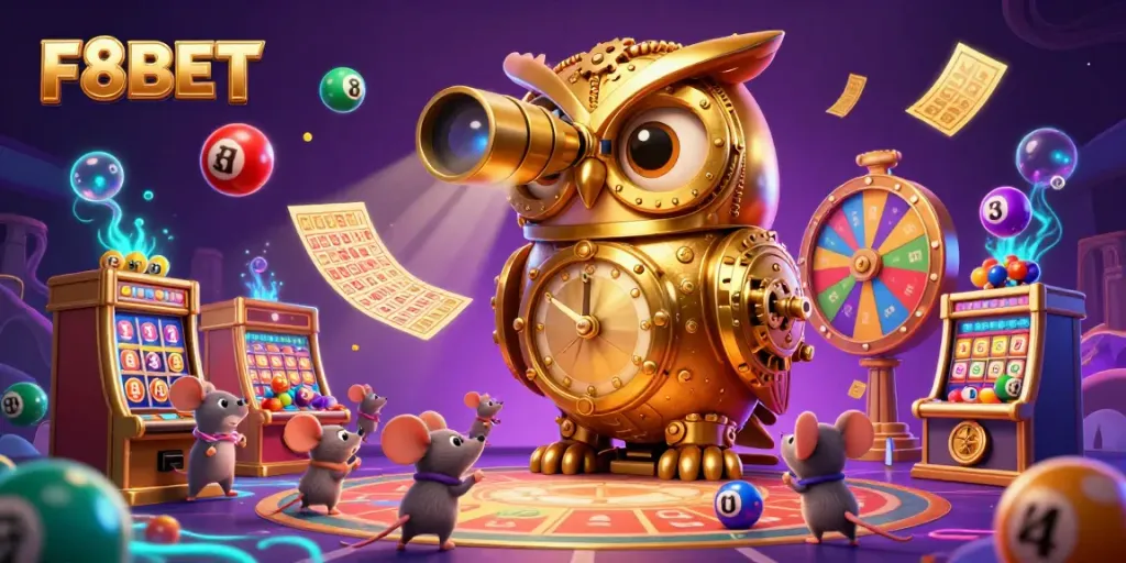 Witness F8BET in action with a captivating scene of a golden owl and wind-up mice amidst vibrant casino elements, bringing games to life.