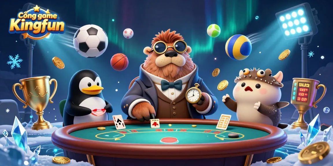 Cổng game Kingfun showcases a jolly walrus and dealer in an underwater poker scene filled with dynamic game elements.