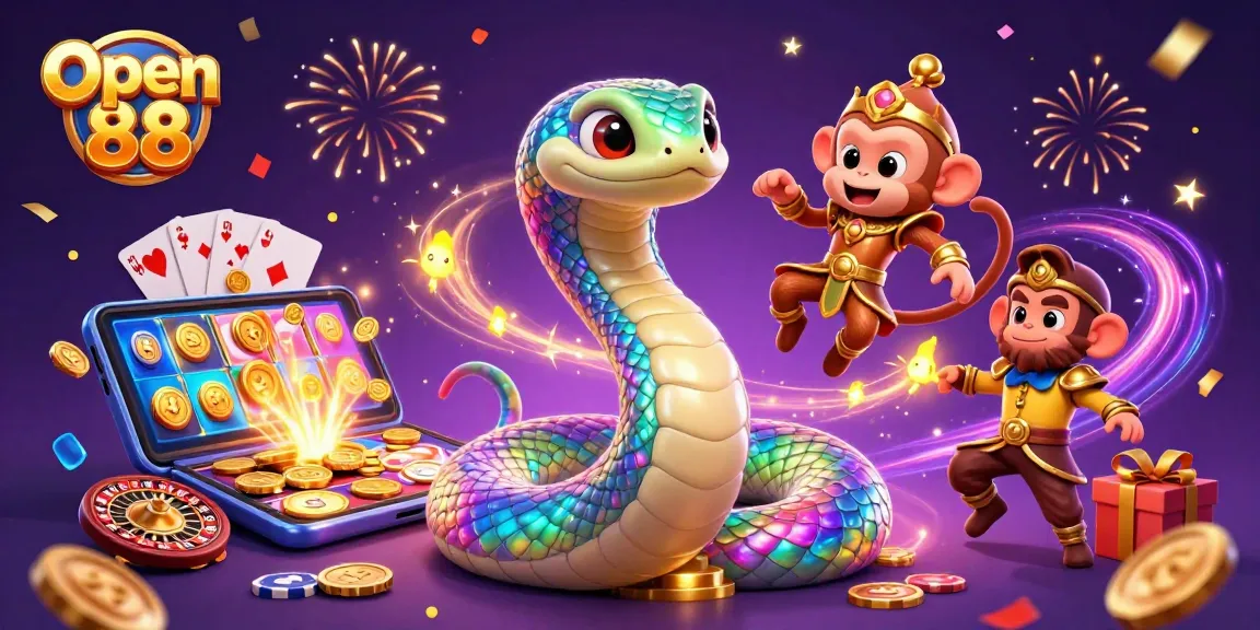Spin and win with Open 88 as a rainbow serpent and monkey king light up this thrilling casino scene.