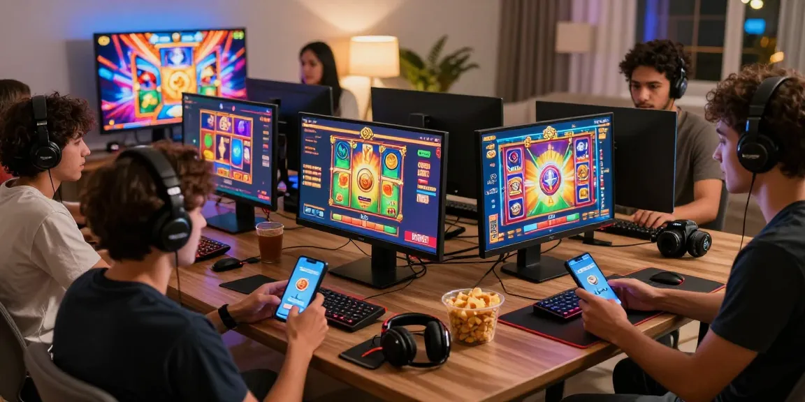 Situs slot deposit 10 ribu players enjoying games in a comfortable gaming room with vibrant interfaces and accessories.