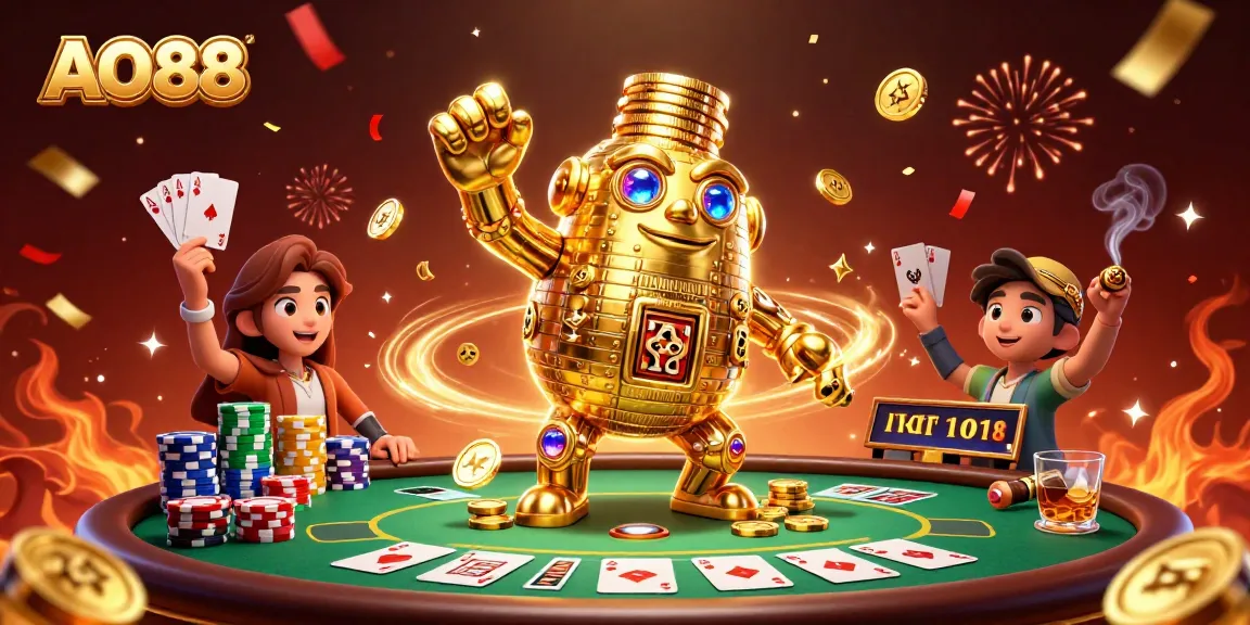 Engage with AO88 in a vibrant casino scene featuring a golden golem and colorful poker elements.