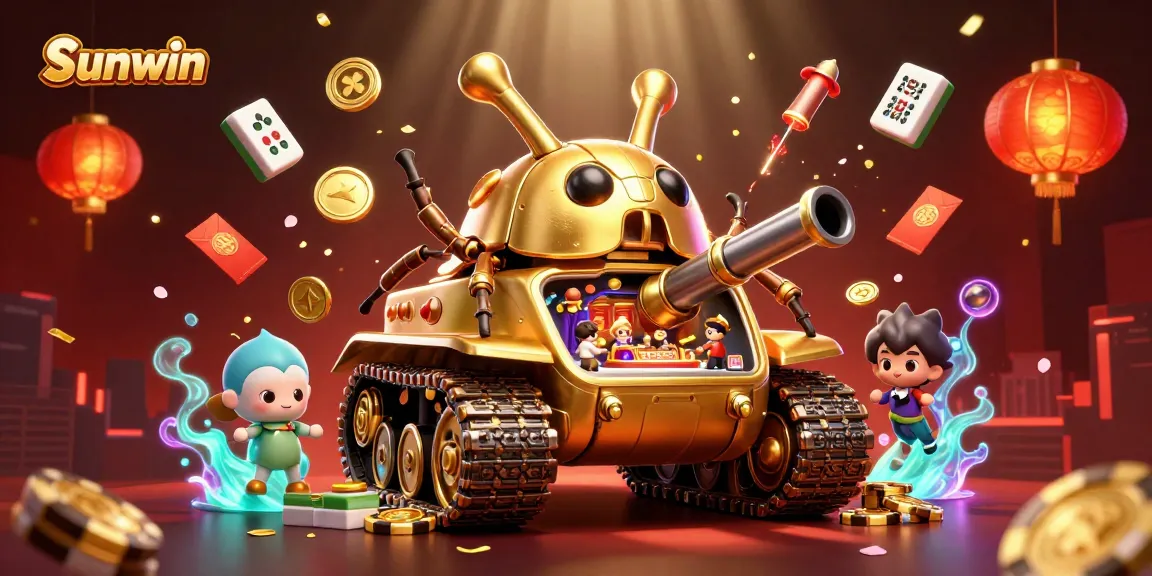 Experience excitement at Sunwin with a vibrant 3D casino scene featuring lucky elements and festive decorations.