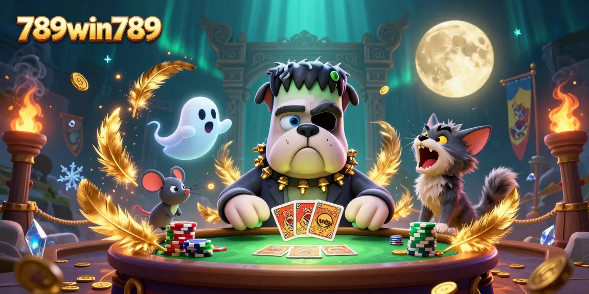 Play cards in a lively 789win789 casino scene featuring unique characters and vibrant elements.