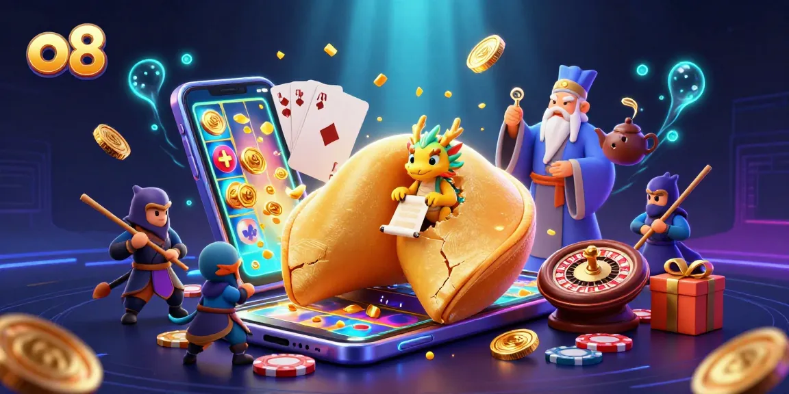 Experience the excitement of o8 online casino with a dynamic 3D scene featuring golden gaming elements.
