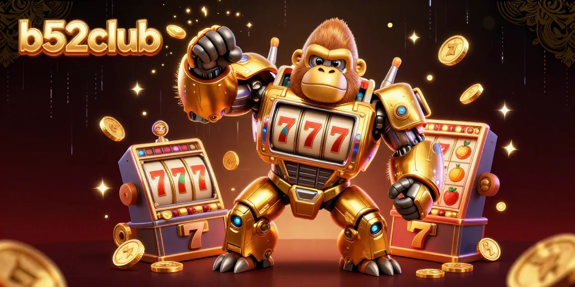 B52club features a dynamic 3D gorilla mech with slot machine parts, exploding coins, and vibrant gambling elements.