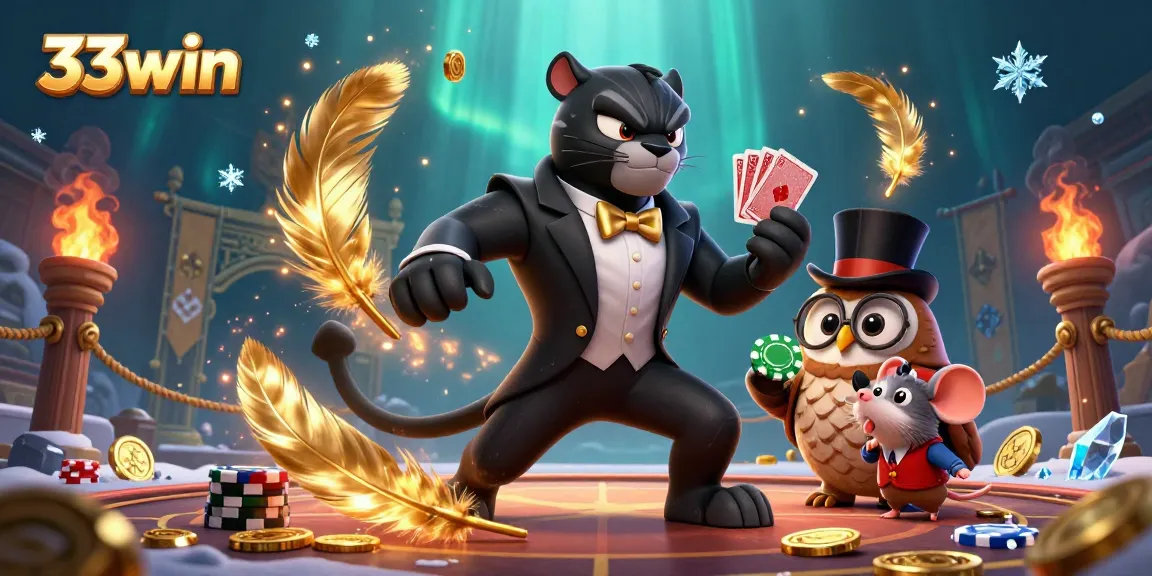 Experience thrilling gaming with 33win's lively characters in a vibrant casino scene.