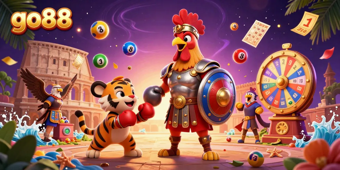 Engage in thrilling action at go88 with dynamic colorful elements and a spectacular casino scene.