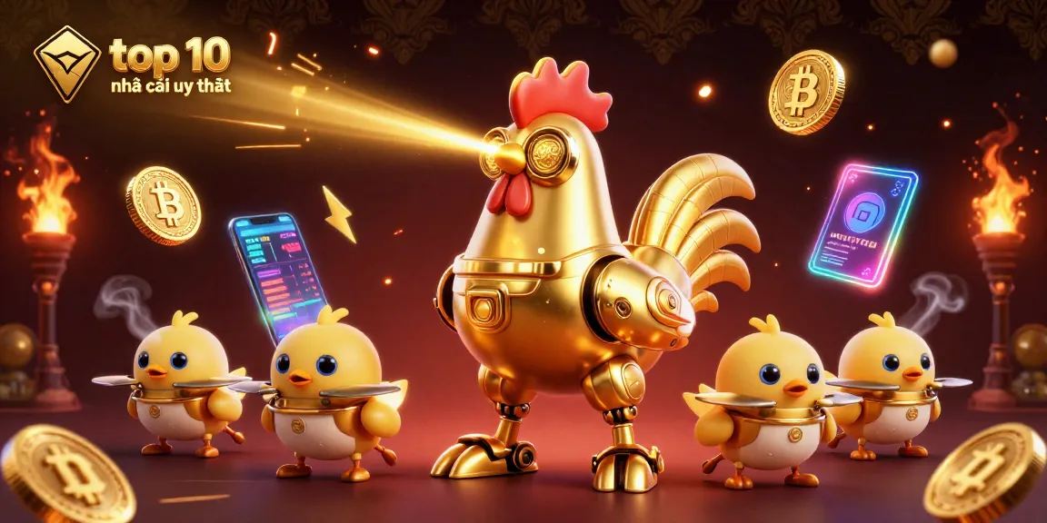 Exciting top 10 nhà cái uy tín scene showcasing a golden rooster robot and chick drones amid vibrant gaming elements.