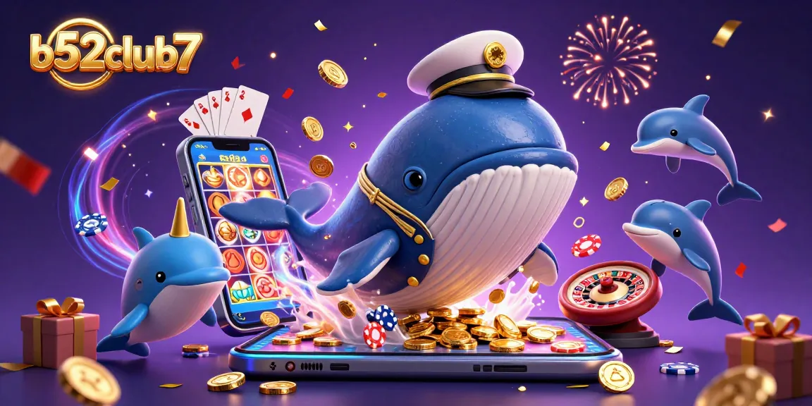 Experience excitement with b52club7 featuring playful dolphins, a whale captain, and a vibrant casino scene.