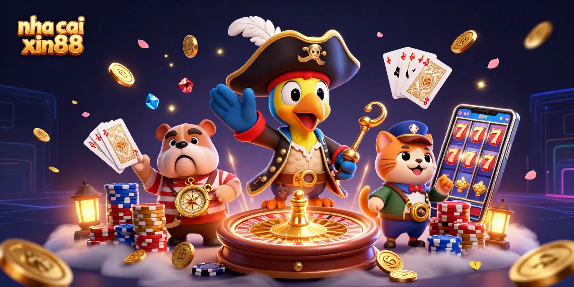 Engage in thrilling games at nha cai xin88 with pirate characters and a vibrant casino scene.