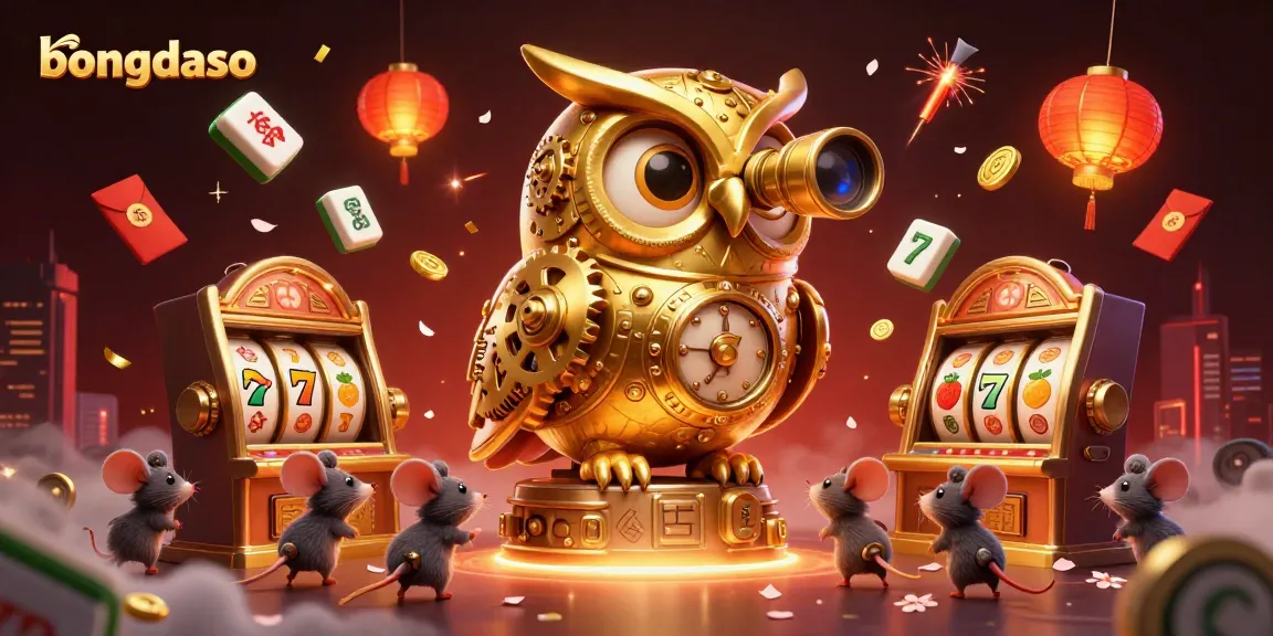 Bongdaso features a golden owl and wind-up mice on a vibrant casino floor with dynamic slot reels.